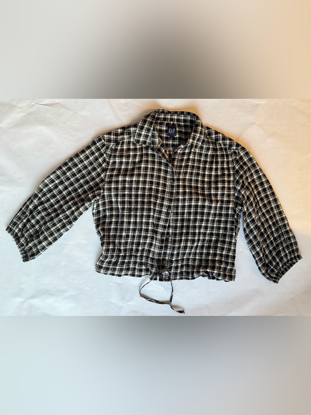 GAP Black & White Cotton Plaid Drawstring blouse